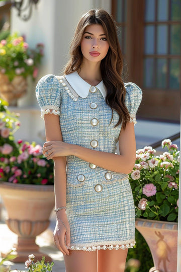 Blue Tweed Short Tea Party Dress with Puff Sleeves